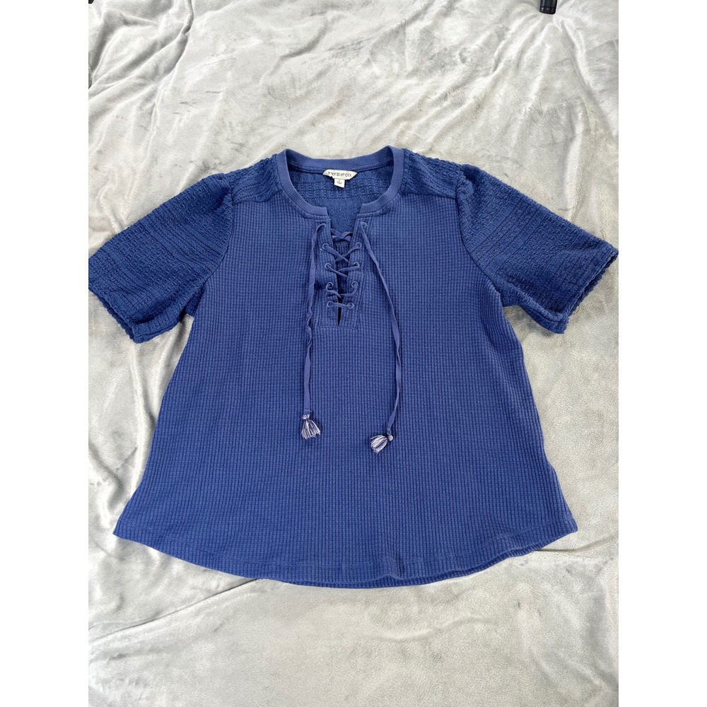 Frye an Co Blue Waffle Knit Lace Up Cotton Boho Blouse Size Small